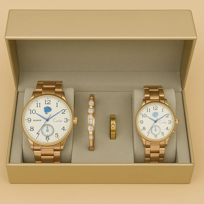 Luxury Gold Couple Wrist Watch Gift Set with Matching Bracelet and Ring