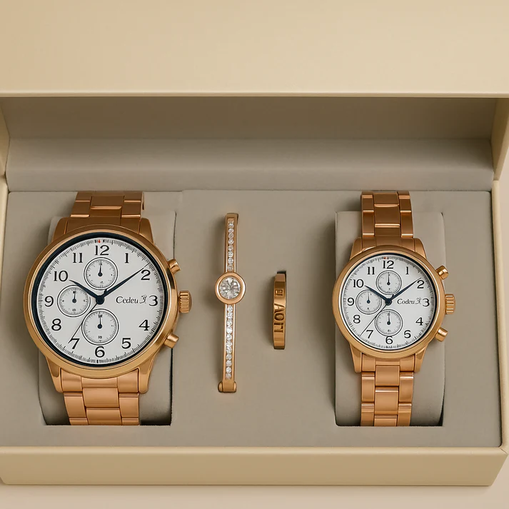 Luxury Gold-Plated Couple Watch Gift Set – His & Hers Matching Chronograph Watches with Elegant Bracelet & Love Engraved Ring in Premium Display Box – Ideal for Anniversary, Wedding, or Valentine's Day Gift