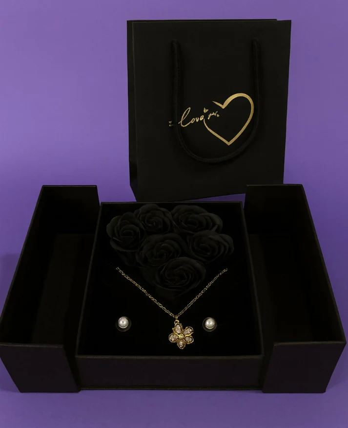 Luxury Black Jewelry Gift Box with Artificial Roses, Necklace & Earrings | Elegant Romantic Gift Set for Wife, Girlfriend, Mom | Perfect for Anniversary, Valentine’s Day, Wedding & Birthday Surprises