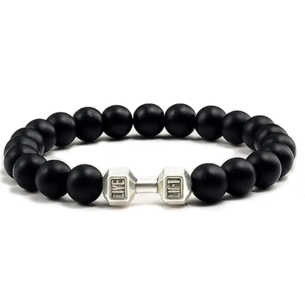 Matt Onyx Glass Bead Bracelet with Dumbbell Charm, for Gym Lovers