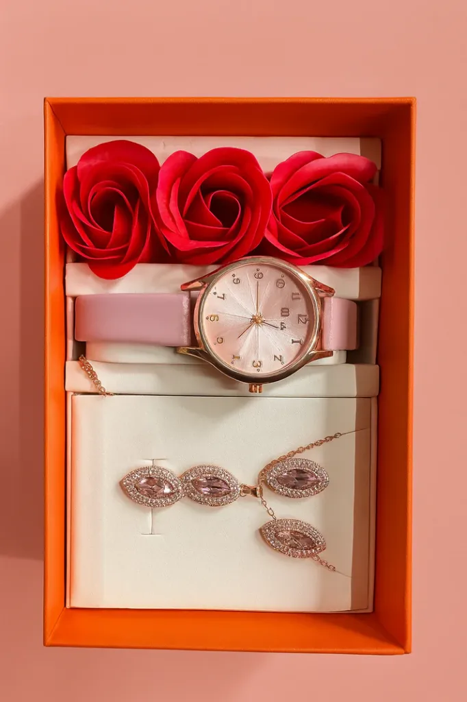 Luxury Pink Watch & Rose Gold Jewelry Gift Set